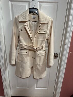 bebe Cream Belted Trench Coat with Quilted Collar